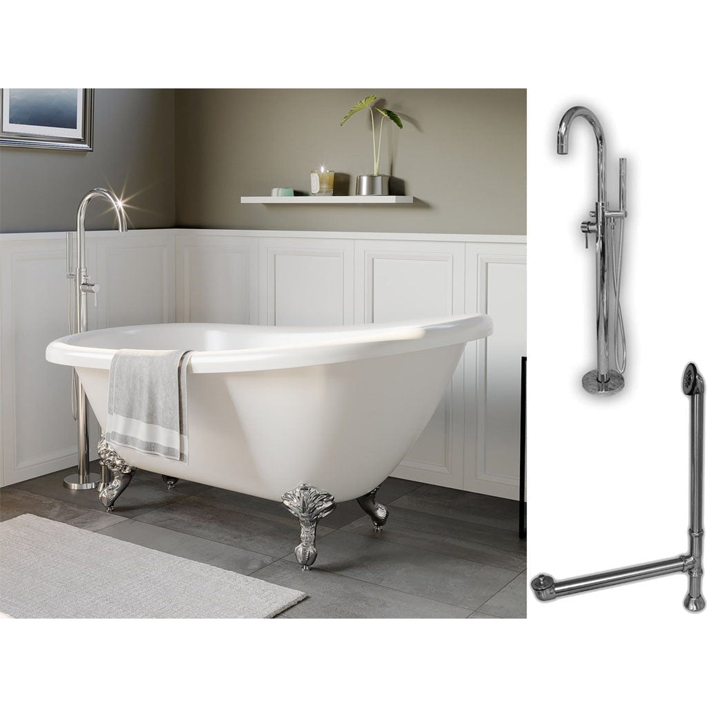 Cambridge Plumbing 67" White Acrylic Single Slipper Clawfeet Bathtub With No Deck Holes And Complete Plumbing Package Including Modern Floor Mounted Faucet, Supply Lines, Drain And Overflow Assembly In Polished Chrome