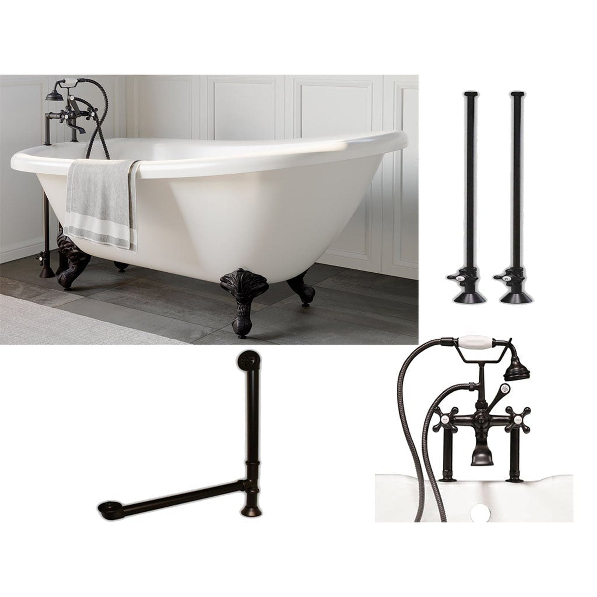 Cambridge Plumbing 67" White Acrylic Single Slipper Clawfoot Bathtub With Deck Holes And Complete Plumbing Package Including 6” Riser Deck Mount Faucet, Supply Lines, Drain And Overflow Assembly In Oil Rubbed Bronze