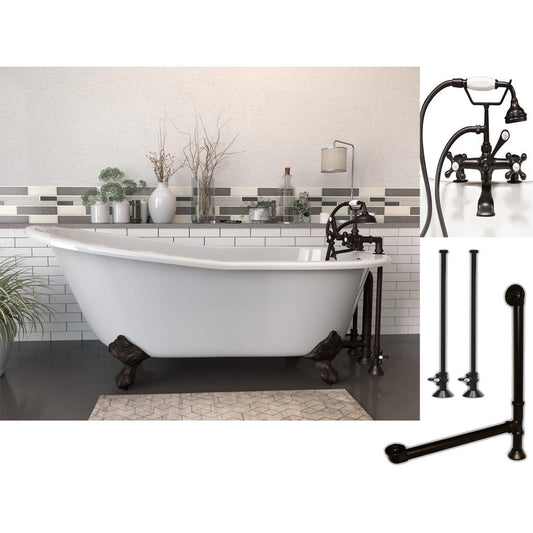 Cambridge Plumbing 67" White Cast Iron Clawfoot Bathtub With Deck Holes And Complete Plumbing Package Including 2” Riser Deck Mount Faucet, Supply Lines, Drain And Overflow Assembly In Oil Rubbed Bronze