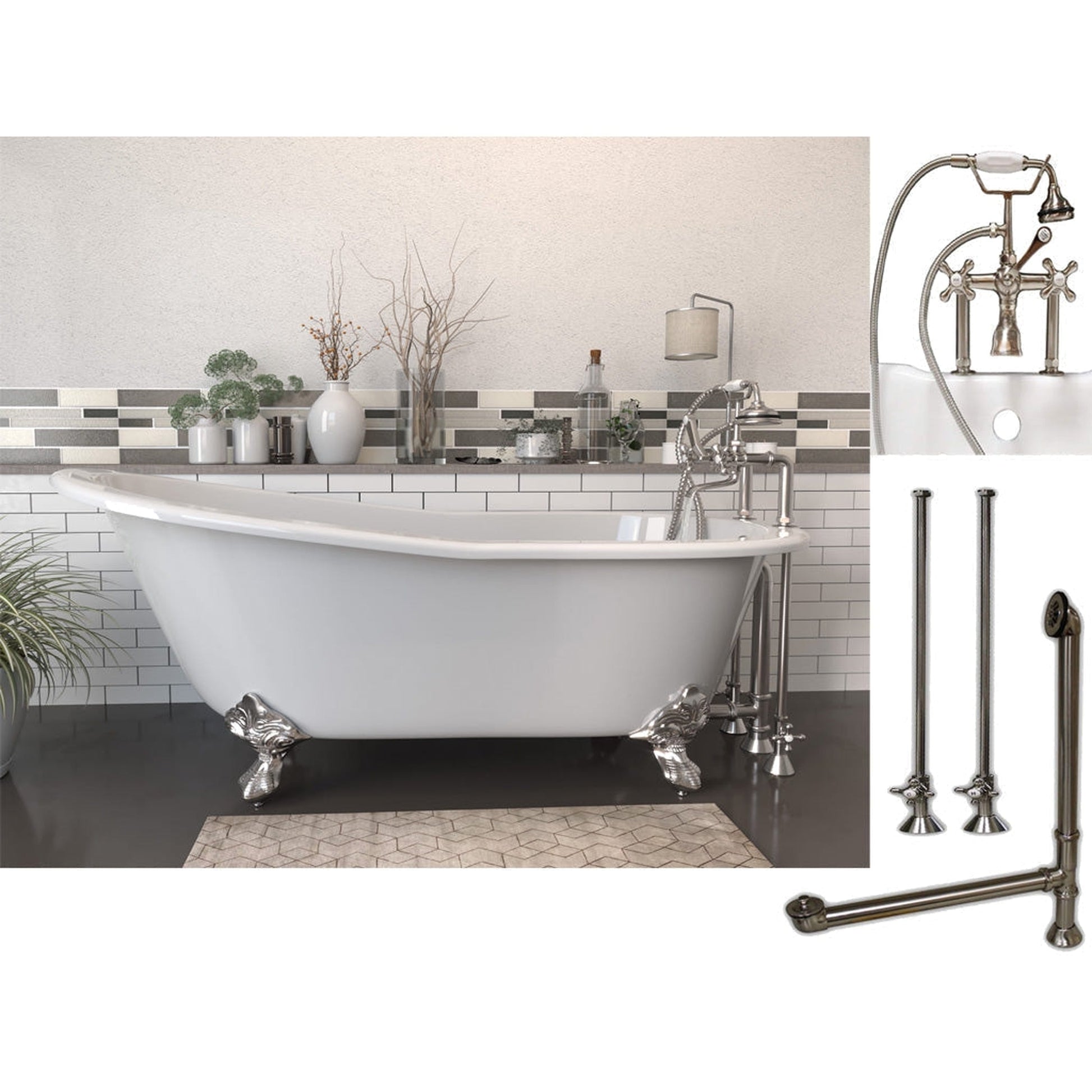 Cambridge Plumbing 67" White Cast Iron Clawfoot Bathtub With Deck Holes And Complete Plumbing Package Including 6” Riser Deck Mount Faucet, Supply Lines, Drain And Overflow Assembly In Brushed Nickel