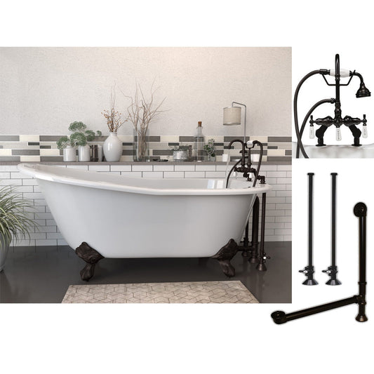 Cambridge Plumbing 67" White Cast Iron Clawfoot Bathtub With Deck Holes And Complete Plumbing Package Including Porcelain Lever English Telephone Brass Faucet, Supply Lines, Drain And Overflow Assembly In Oil Rubbed Bronze