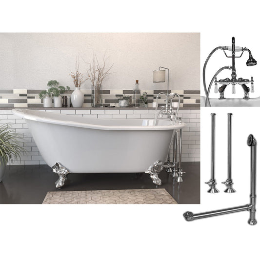Cambridge Plumbing 67" White Cast Iron Clawfoot Bathtub With Deck Holes And Complete Plumbing Package Including Porcelain Lever English Telephone Brass Faucet, Supply Lines, Drain And Overflow Assembly In Polished Chrome