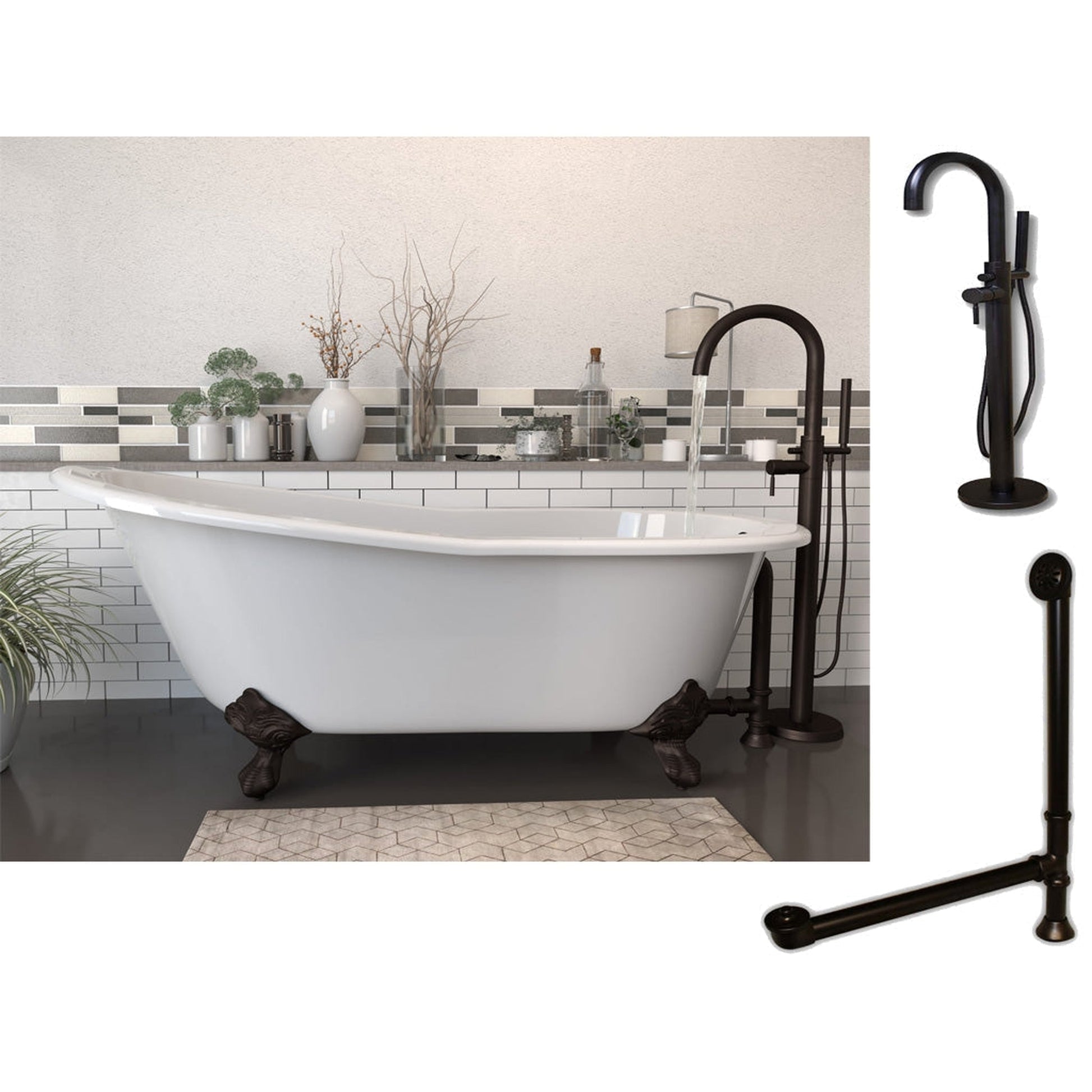 Cambridge Plumbing 67" White Cast Iron Clawfoot Bathtub With No Deck Holes And Complete Plumbing Package Including Modern Floor Mounted Faucet, Drain And Overflow Assembly In Oil Rubbed Bronze