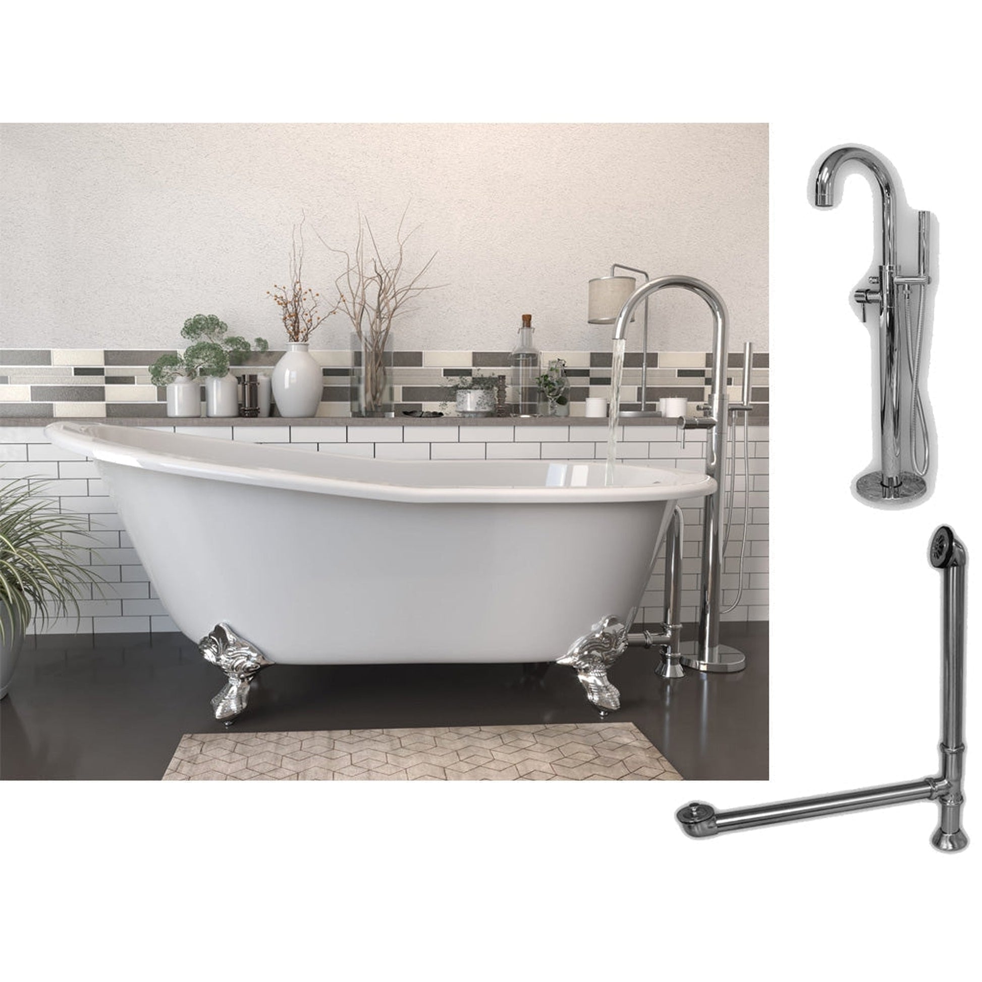 Cambridge Plumbing 67" White Cast Iron Clawfoot Bathtub With No Deck Holes And Complete Plumbing Package Including Modern Floor Mounted Faucet, Drain And Overflow Assembly In Polished Chrome
