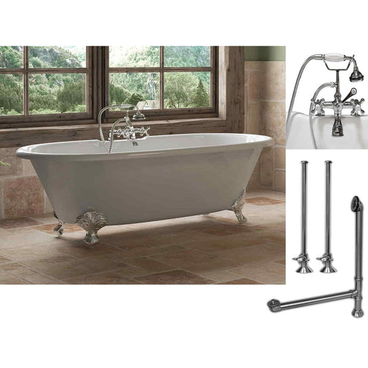 Cambridge Plumbing 67" White Cast Iron Double Ended Clawfoot Bathtub With Deck Holes And Complete Plumbing Package Including 2” Riser Deck Mount Faucet, Supply Lines, Drain And Overflow Assembly In Polished Chrome