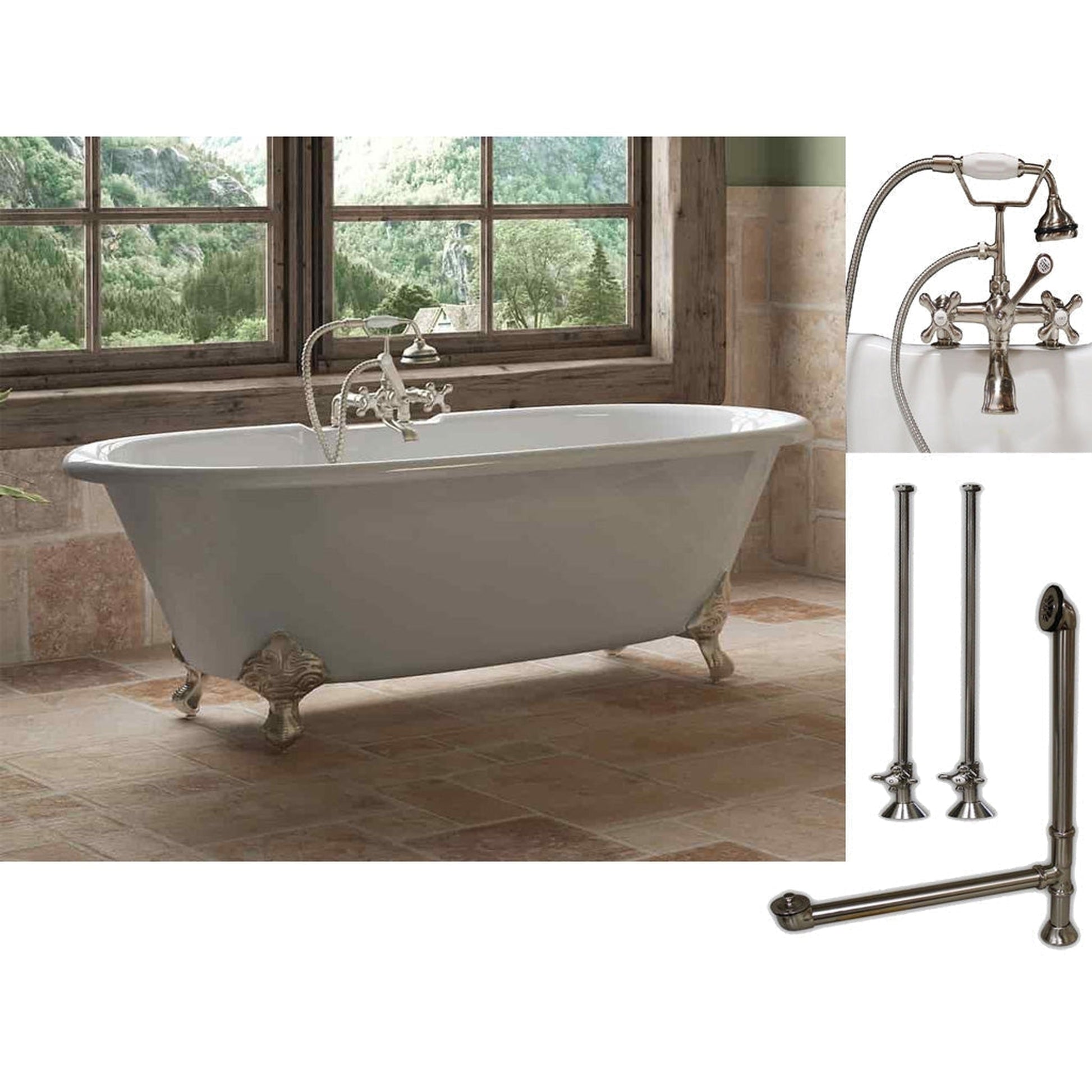 Cambridge Plumbing 67" White Cast Iron Double Ended Clawfoot Bathtub With Deck Holes And Complete Plumbing Package Including 2” Riser Deck Mount Faucet, Supply Lines, Drain And Overflow Assembly In Brushed Nickel