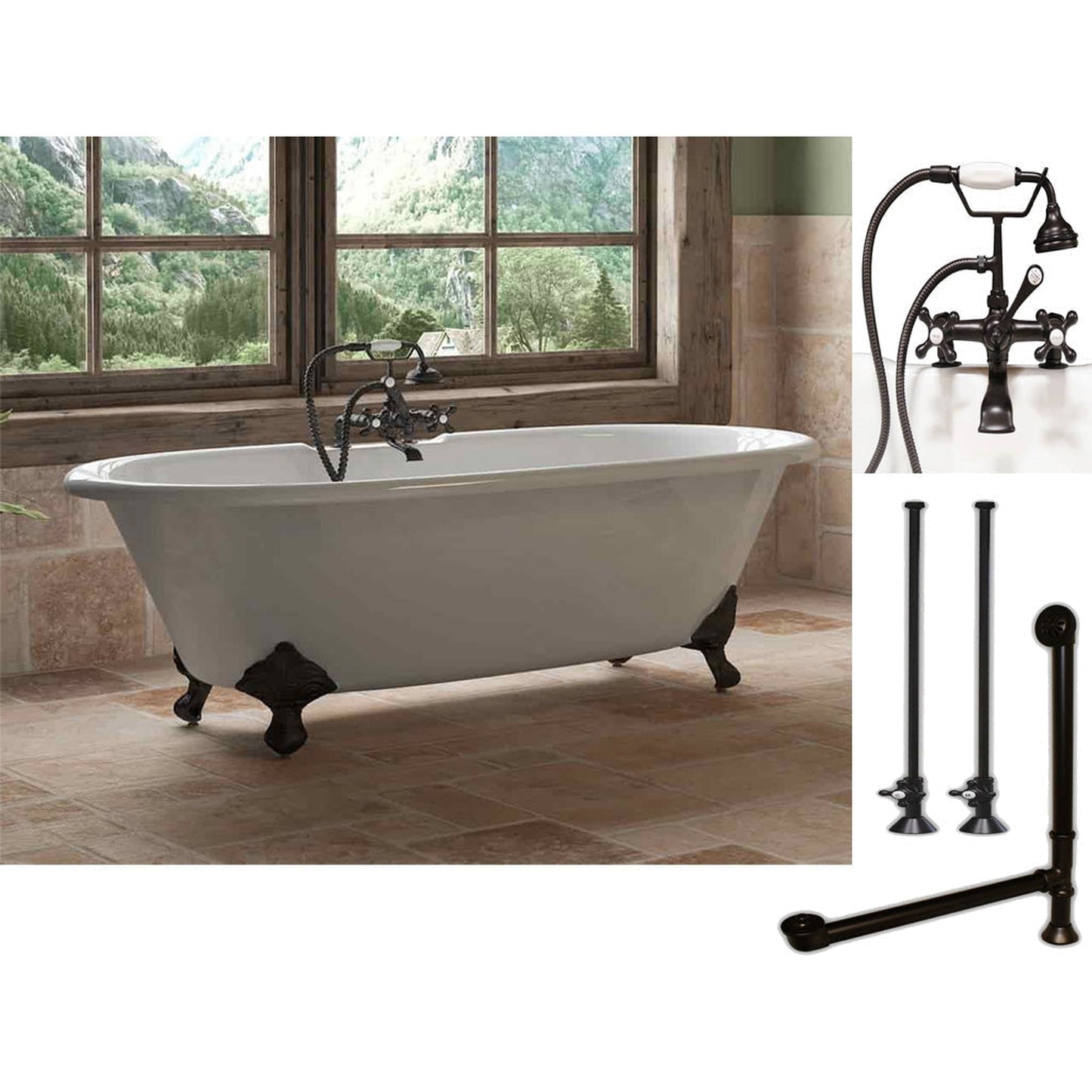 Cambridge Plumbing 67" White Cast Iron Double Ended Clawfoot Bathtub With Deck Holes And Complete Plumbing Package Including 2” Riser Deck Mount Faucet, Supply Lines, Drain And Overflow Assembly In Oil Rubbed Bronze