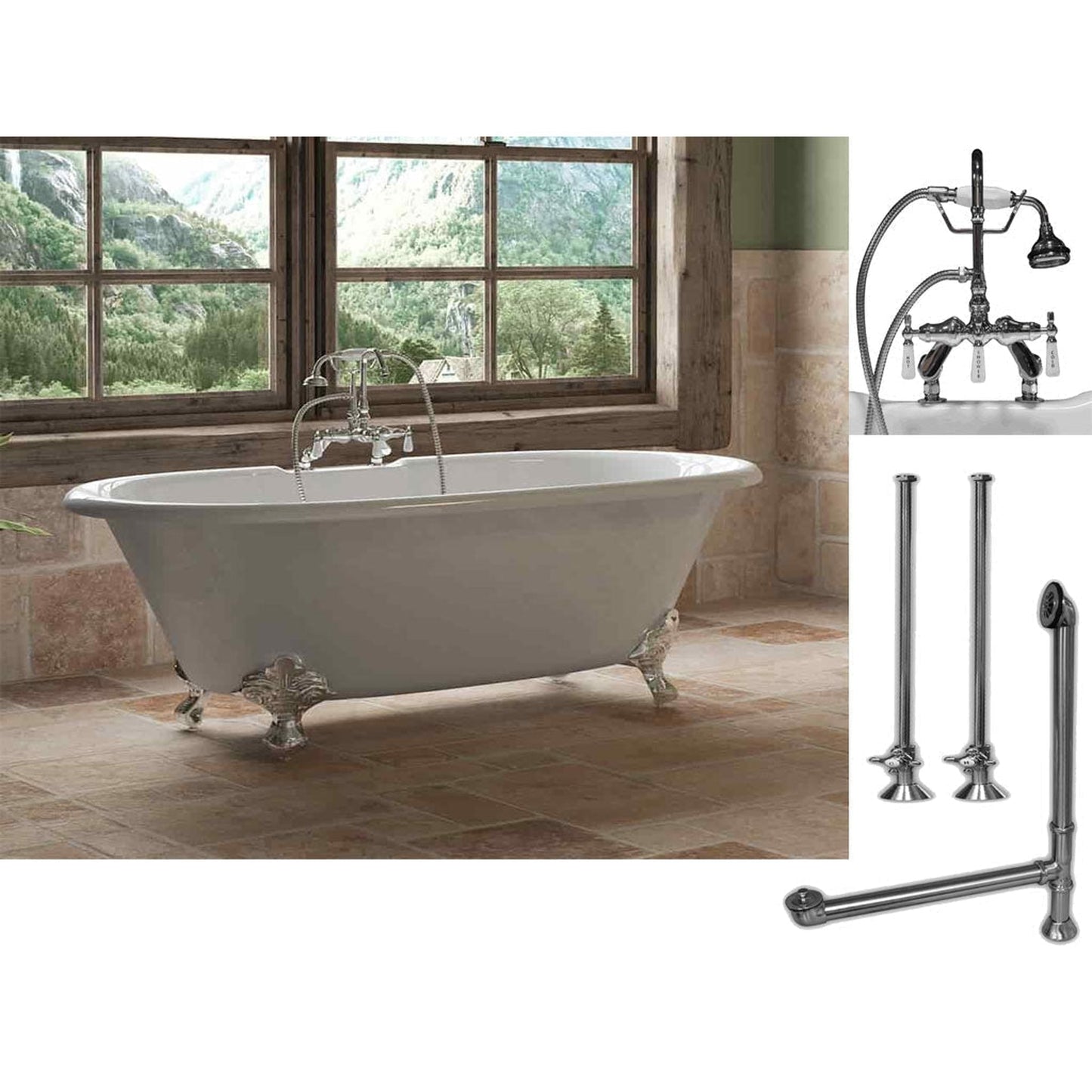 Cambridge Plumbing 67" White Cast Iron Double Ended Clawfoot Bathtub With Deck Holes And Complete Plumbing Package Including Porcelain Lever English Telephone Brass Faucet, Supply Lines, Drain And Overflow Assembly In Polished Chrome