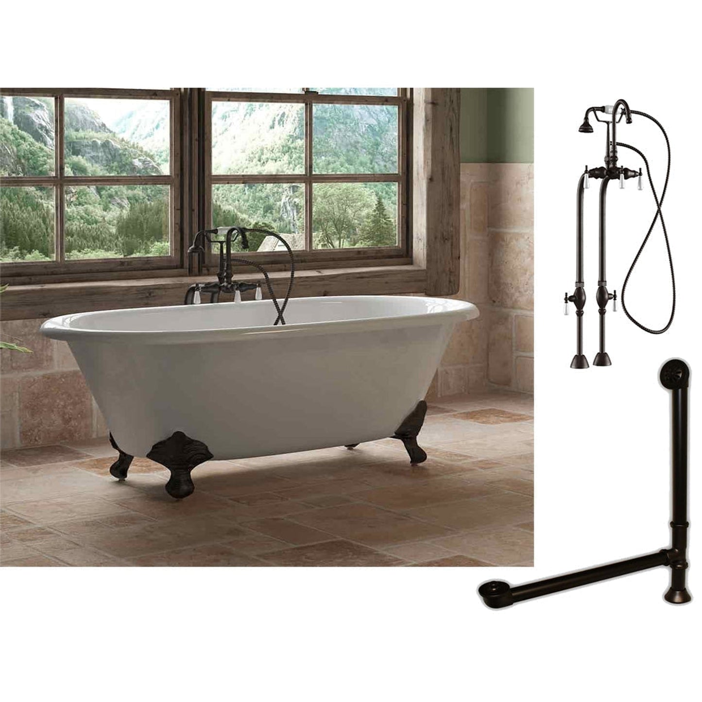 Cambridge Plumbing 67" White Cast Iron Double Ended Clawfoot Bathtub With No Deck Holes And Complete Plumbing Package Including Freestanding English Telephone Gooseneck Faucet, Drain And Overflow Assembly In Oil Rubbed Bronze