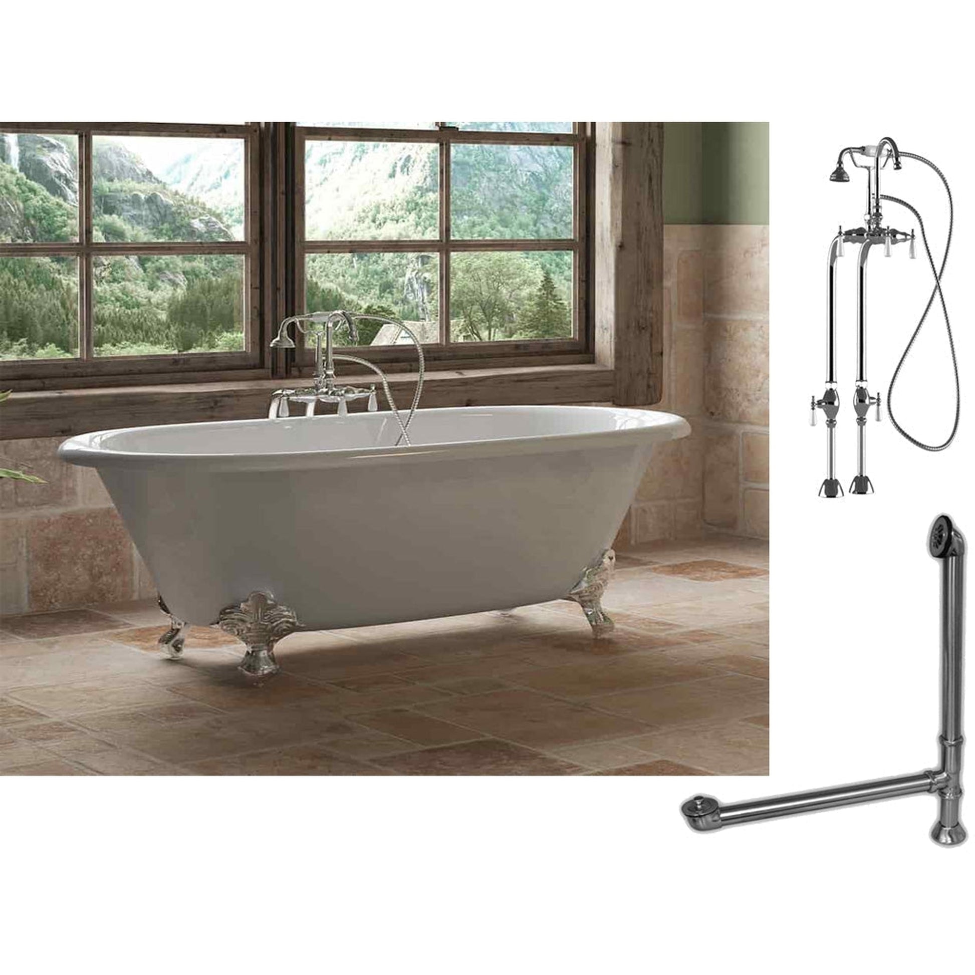 Cambridge Plumbing 67" White Cast Iron Double Ended Clawfoot Bathtub With No Deck Holes And Complete Plumbing Package Including Freestanding English Telephone Gooseneck Faucet, Drain And Overflow Assembly In Polished Chrome