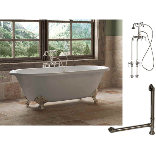 Cambridge Plumbing 67" White Cast Iron Double Ended Clawfoot Bathtub With No Deck Holes And Complete Plumbing Package Including Freestanding English Telephone Gooseneck Faucet, Drain And Overflow Assembly In Brushed Nickel