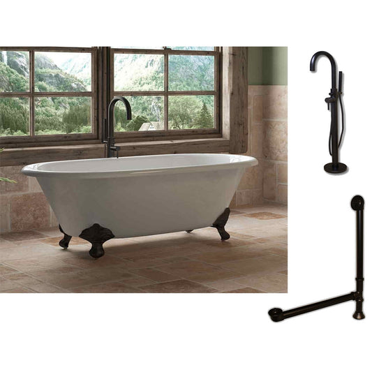 Cambridge Plumbing 67" White Cast Iron Double Ended Clawfoot Bathtub With No Deck Holes And Complete Plumbing Package Including Freestanding Floor Mounted Faucet, Drain And Overflow Assembly In Oil Rubbed Bronze