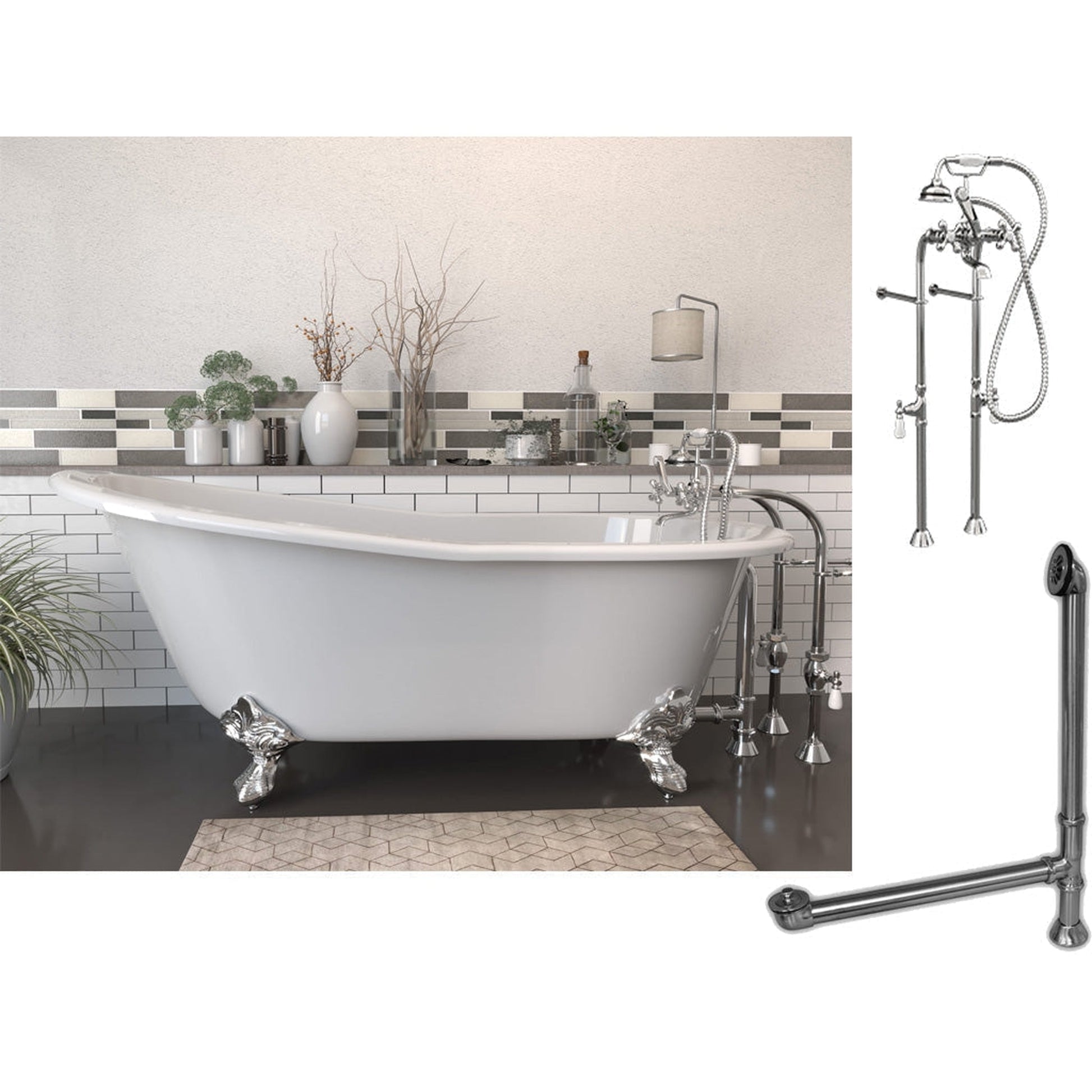 Cambridge Plumbing 67" White Cast Iron Slipper Clawfoot Bathtub With No Deck Holes And Complete Plumbing Package Including Floor Mounted British Telephone Faucet, Drain And Overflow Assembly In Polished Chrome