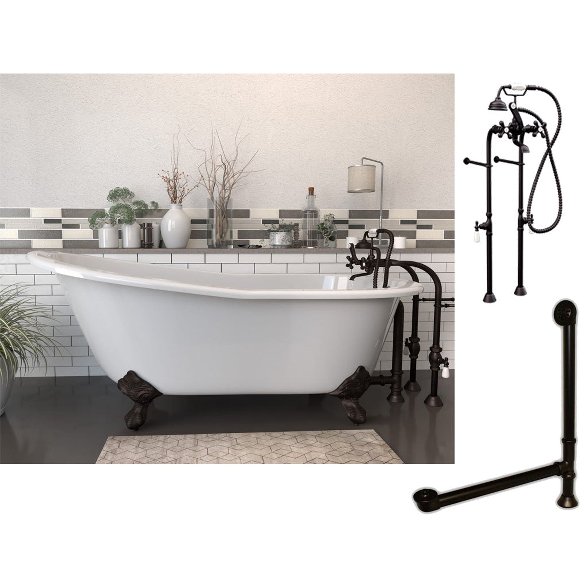 Cambridge Plumbing 67" White Cast Iron Slipper Clawfoot Bathtub With No Deck Holes And Complete Plumbing Package Including Floor Mounted British Telephone Faucet, Drain And Overflow Assembly In Oil Rubbed Bronze