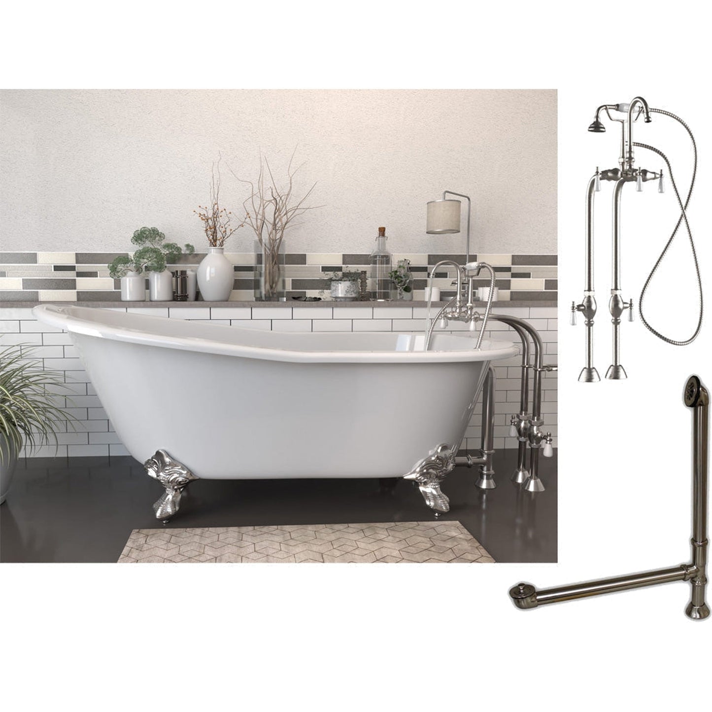 Cambridge Plumbing 67" White Cast Iron Slipper Clawfoot Bathtub With No Deck Holes And Complete Plumbing Package Including Freestanding English Telephone Gooseneck Faucet, Drain And Overflow Assembly In Brushed Nickel