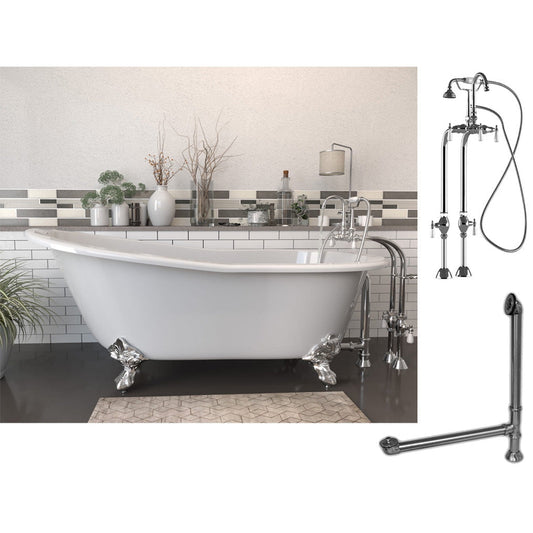 Cambridge Plumbing 67" White Cast Iron Slipper Clawfoot Bathtub With No Deck Holes And Complete Plumbing Package Including Freestanding English Telephone Gooseneck Faucet, Drain And Overflow Assembly In Polished Chrome