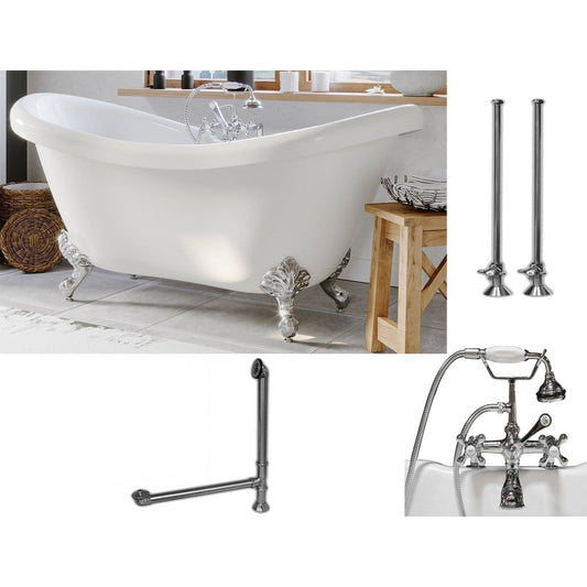 Cambridge Plumbing 69" White Acrylic Double Slipper Clawfoot Bathtub With Deck Holes And Complete Plumbing Package Including 2” Riser Deck Mount Faucet, Supply Lines, Drain And Overflow Assembly In Oil Rubbed Bronze