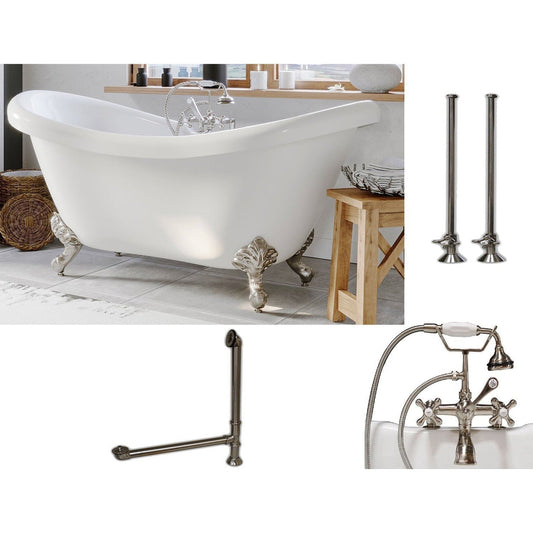 Cambridge Plumbing 69" White Acrylic Double Slipper Clawfoot Bathtub With Deck Holes And Complete Plumbing Package Including 2” Riser Deck Mount Faucet, Supply Lines, Drain And Overflow Assembly In Brushed Nickel