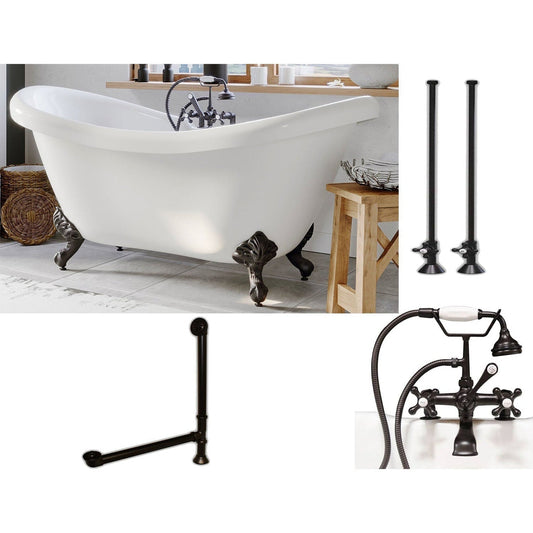 Cambridge Plumbing 69" White Acrylic Double Slipper Clawfoot Bathtub With Deck Holes And Complete Plumbing Package Including 2” Riser Deck Mount Faucet, Supply Lines, Drain And Overflow Assembly In Oil Rubbed Bronze