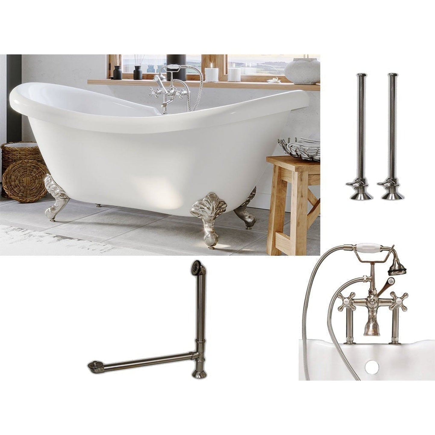 Cambridge Plumbing 69" White Acrylic Double Slipper Clawfoot Bathtub With Deck Holes And Complete Plumbing Package Including 6” Riser Deck Mount Faucet, Supply Lines, Drain And Overflow Assembly In Brushed Nickel