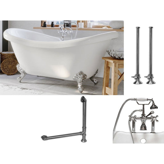 Cambridge Plumbing 69" White Acrylic Double Slipper Clawfoot Bathtub With Deck Holes And Complete Plumbing Package Including 6” Riser Deck Mount Faucet, Supply Lines, Drain And Overflow Assembly In Polished Chrome