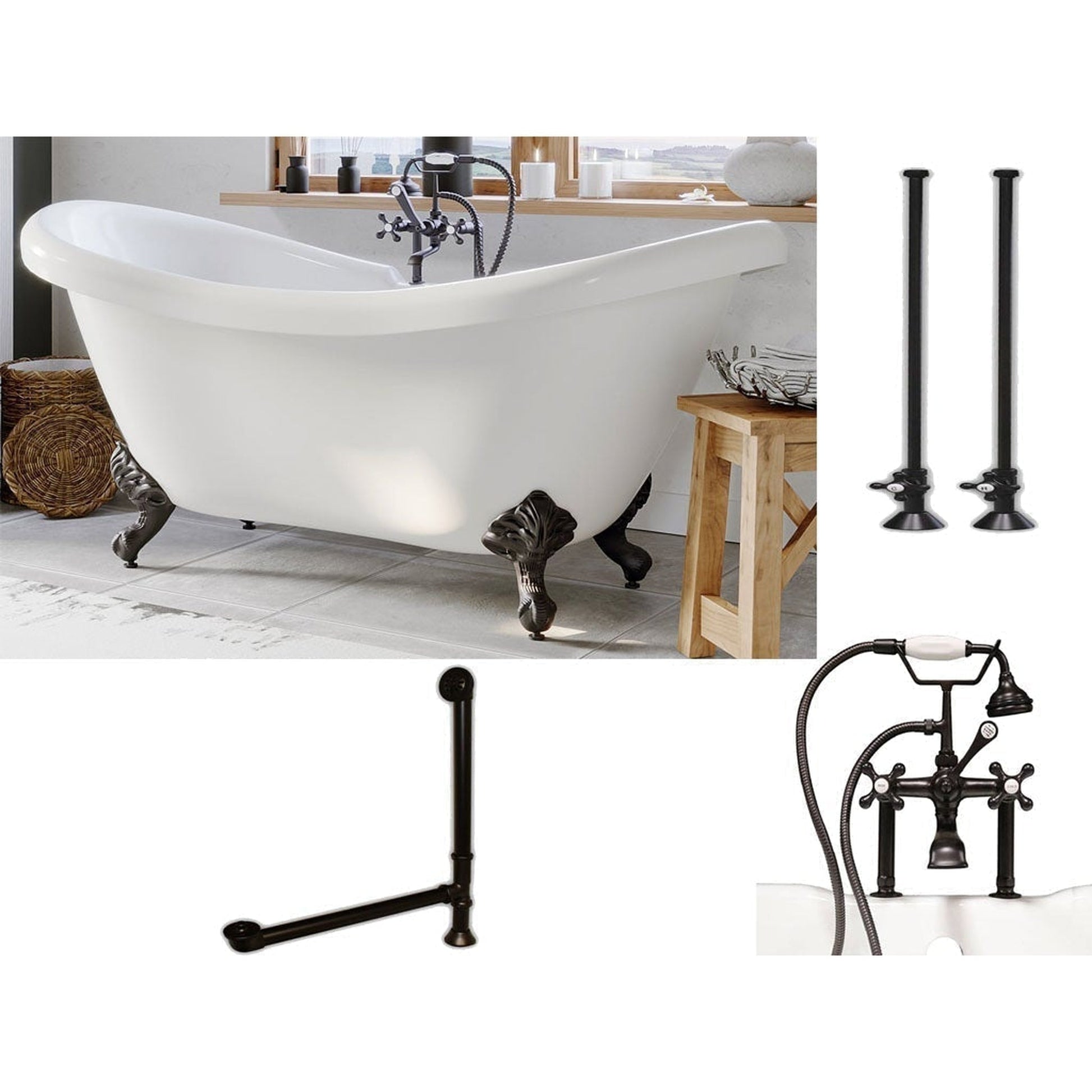 Cambridge Plumbing 69" White Acrylic Double Slipper Clawfoot Bathtub With Deck Holes And Complete Plumbing Package Including 6” Riser Deck Mount Faucet, Supply Lines, Drain And Overflow Assembly In Oil Rubbed Bronze