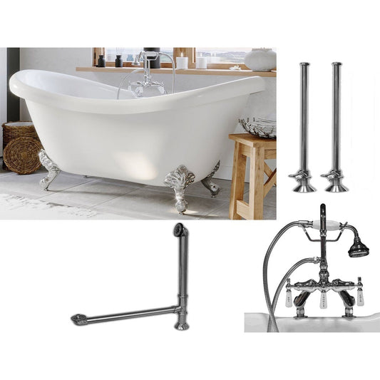 Cambridge Plumbing 69" White Acrylic Double Slipper Clawfoot Bathtub With Deck Holes And Complete Plumbing Package Including Porcelain Lever English Telephone Brass Faucet, Supply Lines, Drain And Overflow Assembly In Polished Chrome