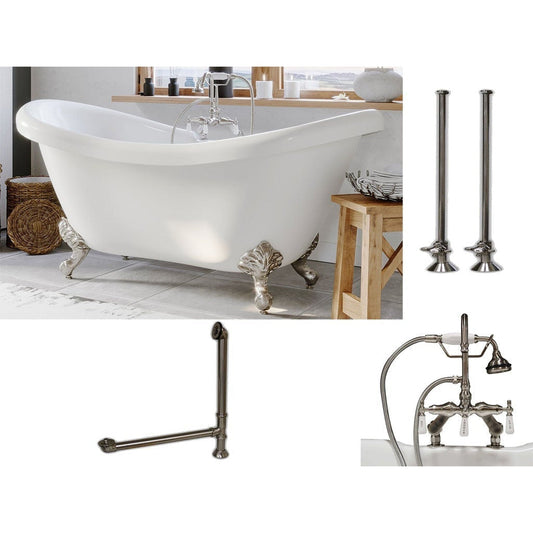 Cambridge Plumbing 69" White Acrylic Double Slipper Clawfoot Bathtub With Deck Holes And Complete Plumbing Package Including Porcelain Lever English Telephone Brass Faucet, Supply Lines, Drain And Overflow Assembly In Brushed Nickel