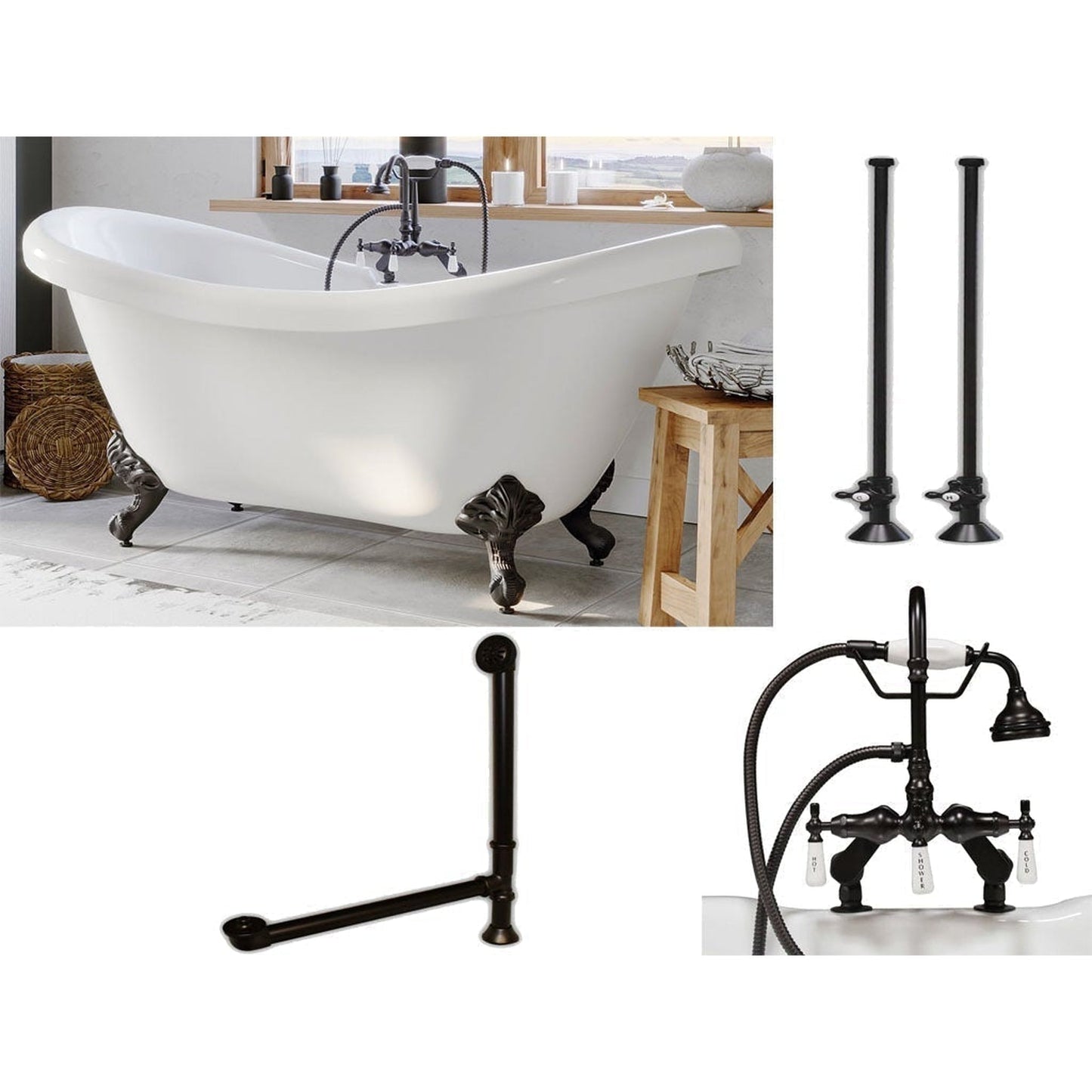 Cambridge Plumbing 69" White Acrylic Double Slipper Clawfoot Bathtub With Deck Holes And Complete Plumbing Package Including Porcelain Lever English Telephone Brass Faucet, Supply Lines, Drain And Overflow Assembly In Oil Rubbed Bronze