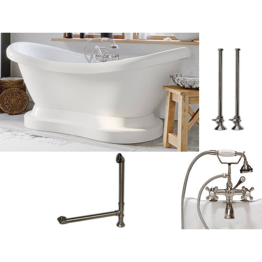 Cambridge Plumbing 69" White Acrylic Double Slipper Pedestal Bathtub With Deck Holes And Complete Plumbing Package Including 2” Riser Deck Mount Faucet, Supply Lines, Drain And Overflow Assembly In Brushed Nickel