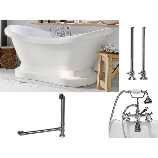 Cambridge Plumbing 69" White Acrylic Double Slipper Pedestal Bathtub With Deck Holes And Complete Plumbing Package Including 2” Riser Deck Mount Faucet, Supply Lines, Drain And Overflow Assembly In Polished Chrome