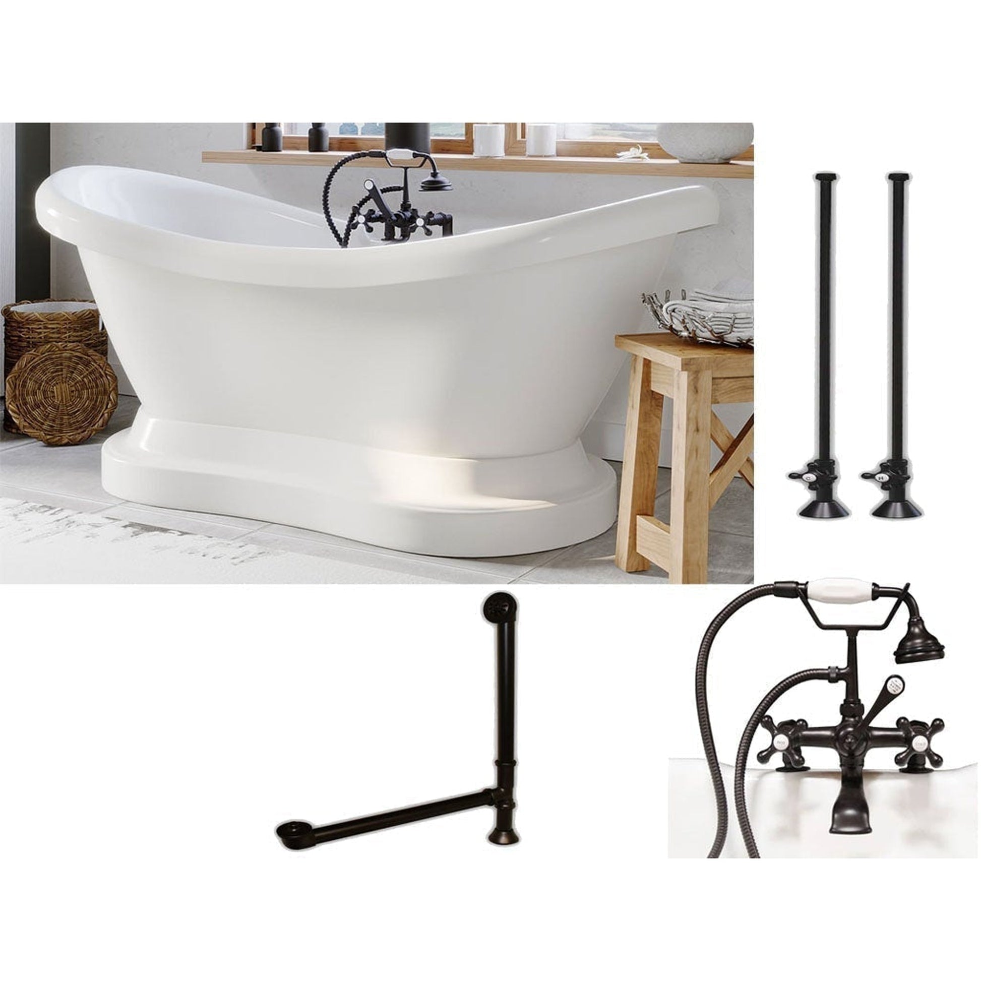 Cambridge Plumbing 69" White Acrylic Double Slipper Pedestal Bathtub With Deck Holes And Complete Plumbing Package Including 2” Riser Deck Mount Faucet, Supply Lines, Drain And Overflow Assembly In Oil Rubbed Bronze