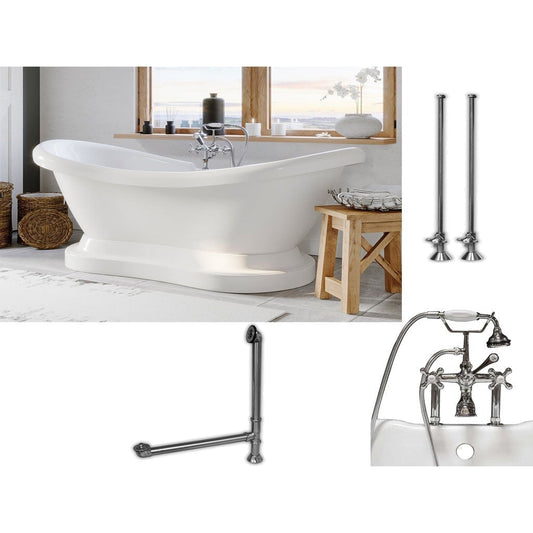 Cambridge Plumbing 69" White Acrylic Double Slipper Pedestal Bathtub With Deck Holes And Complete Plumbing Package Including 6” Riser Deck Mount Faucet, Supply Lines, Drain And Overflow Assembly In Polished Chrome
