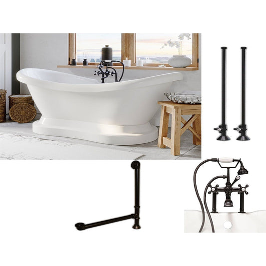 Cambridge Plumbing 69" White Acrylic Double Slipper Pedestal Bathtub With Deck Holes And Complete Plumbing Package Including 6” Riser Deck Mount Faucet, Supply Lines, Drain And Overflow Assembly In Oil Rubbed Bronze