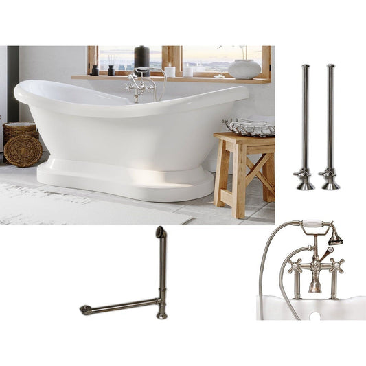 Cambridge Plumbing 69" White Acrylic Double Slipper Pedestal Bathtub With Deck Holes And Complete Plumbing Package Including 6” Riser Deck Mount Faucet, Supply Lines, Drain And Overflow Assembly In Brushed Nickel