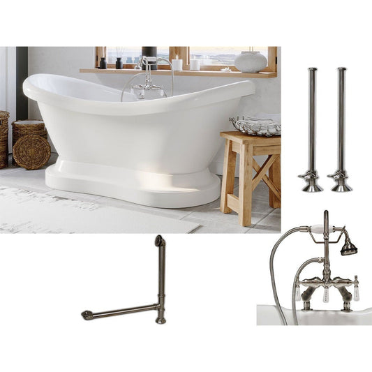 Cambridge Plumbing 69" White Acrylic Double Slipper Pedestal Bathtub With Deck Holes And Complete Plumbing Package Including Porcelain Lever English Telephone Brass Faucet, Supply Lines, Drain And Overflow Assembly In Brushed Nickel