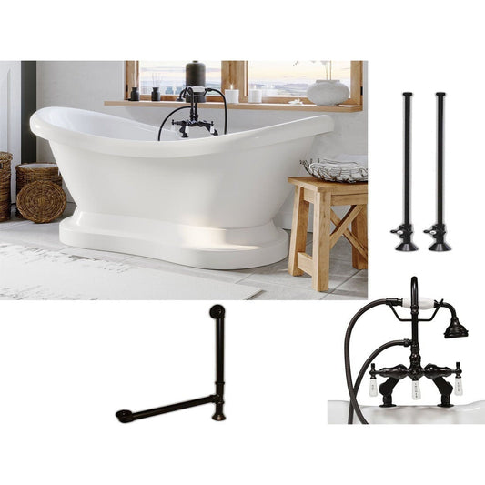 Cambridge Plumbing 69" White Acrylic Double Slipper Pedestal Bathtub With Deck Holes And Complete Plumbing Package Including Porcelain Lever English Telephone Brass Faucet, Supply Lines, Drain And Overflow Assembly In Oil Rubbed Bronze