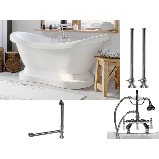 Cambridge Plumbing 69" White Acrylic Double Slipper Pedestal Bathtub With Deck Holes And Complete Plumbing Package Including Porcelain Lever English Telephone Brass Faucet, Supply Lines, Drain And Overflow Assembly In Polished Chrome