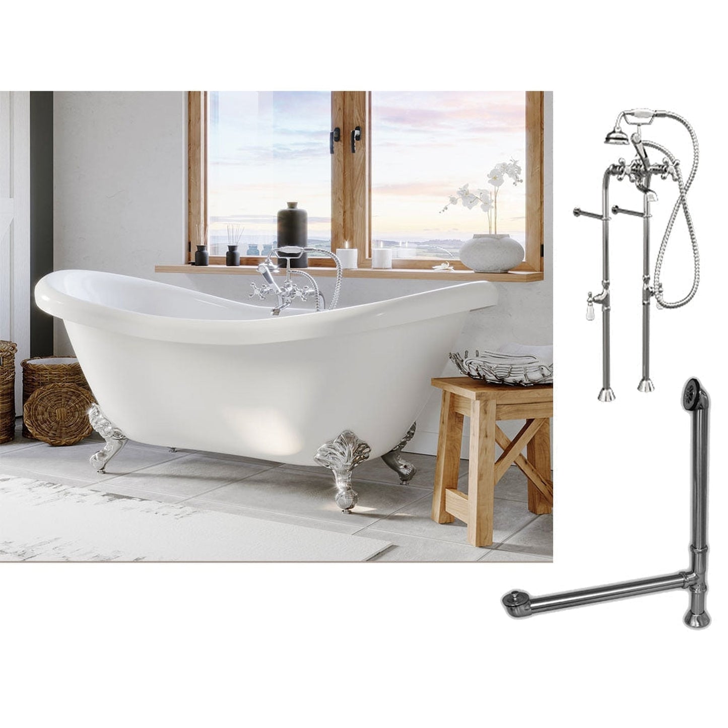 Cambridge Plumbing 69" White Double Slipper Clawfoot Acrylic Bathtub With No Deck Holes And Complete Plumbing Package Including Floor Mounted British Telephone Faucet, Drain And Overflow Assembly In Polished Chrome