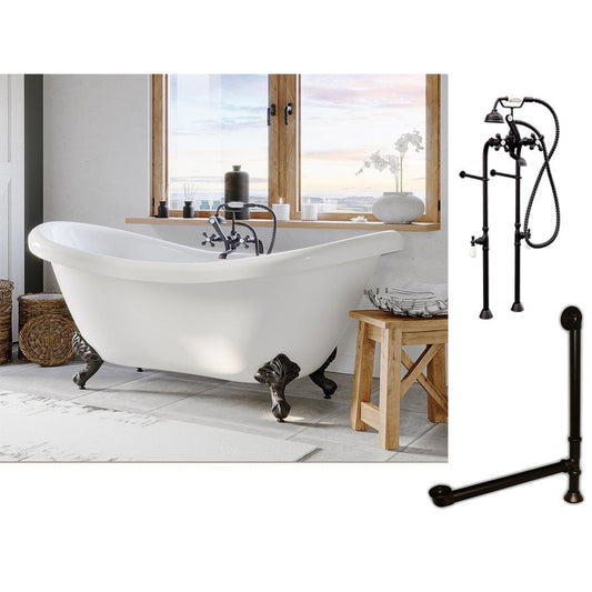 Cambridge Plumbing 69" White Double Slipper Clawfoot Acrylic Bathtub With No Deck Holes And Complete Plumbing Package Including Floor Mounted British Telephone Faucet, Drain And Overflow Assembly In Oil Rubbed Bronze