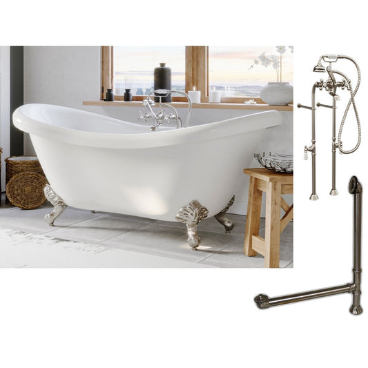 Cambridge Plumbing 69" White Double Slipper Clawfoot Acrylic Bathtub With No Deck Holes And Complete Plumbing Package Including Floor Mounted British Telephone Faucet, Drain And Overflow Assembly In Brushed Nickel