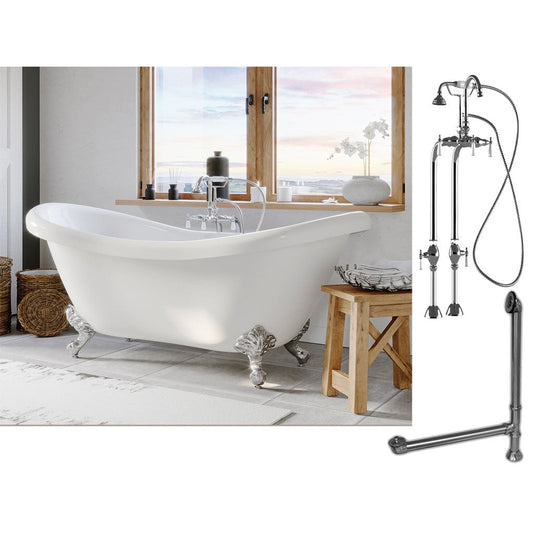 Cambridge Plumbing 69" White Double Slipper Clawfoot Acrylic Bathtub With No Deck Holes And Complete Plumbing Package Including Freestanding English Telephone Gooseneck Faucet, Drain And Overflow Assembly In Brushed Nickel