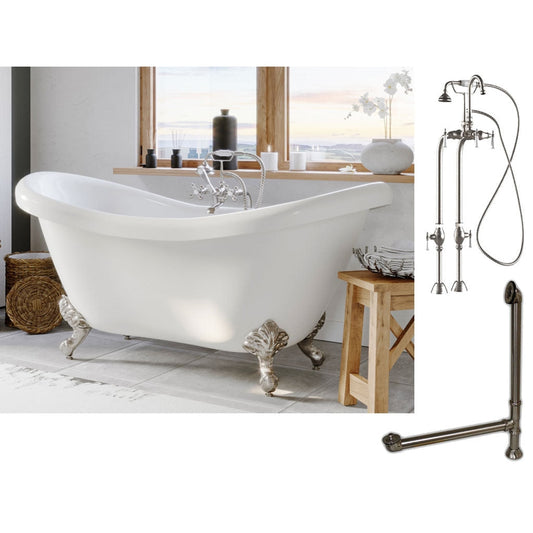 Cambridge Plumbing 69" White Double Slipper Clawfoot Acrylic Bathtub With No Deck Holes And Complete Plumbing Package Including Freestanding English Telephone Gooseneck Faucet, Drain And Overflow Assembly In Brushed Nickel