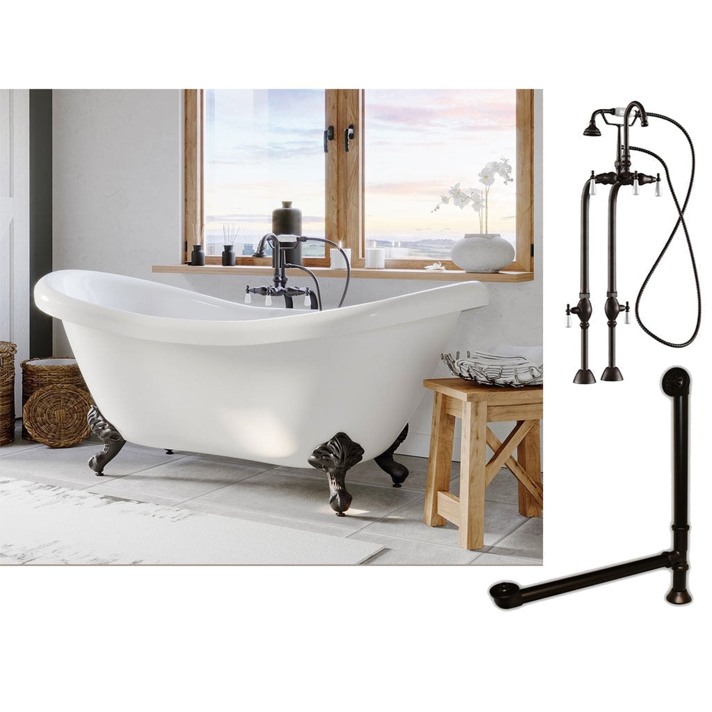 Cambridge Plumbing 69" White Double Slipper Clawfoot Acrylic Bathtub With No Deck Holes And Complete Plumbing Package Including Freestanding English Telephone Gooseneck Faucet, Drain And Overflow Assembly In Oil Rubbed Bronze
