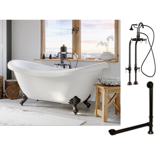 Cambridge Plumbing 69" White Double Slipper Clawfoot Acrylic Bathtub With No Deck Holes And Complete Plumbing Package Including Freestanding English Telephone Gooseneck Faucet, Drain And Overflow Assembly In Oil Rubbed Bronze