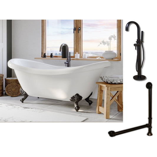 Cambridge Plumbing 69" White Double Slipper Clawfoot Acrylic Bathtub With No Deck Holes And Complete Plumbing Package Including Modern Floor Mounted Faucet, Drain And Overflow Assembly In Oil Rubbed Bronze