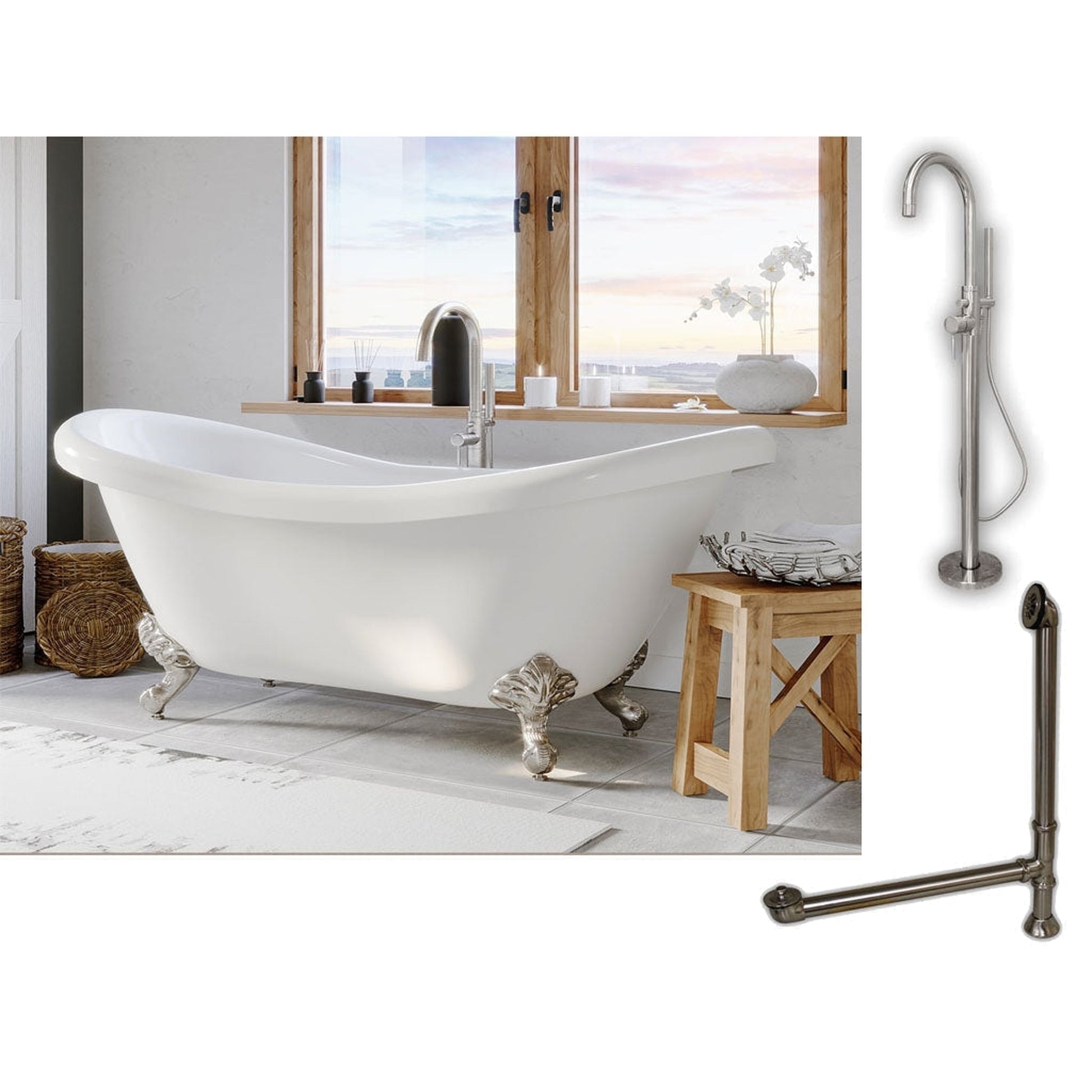 Cambridge Plumbing 69" White Double Slipper Clawfoot Acrylic Bathtub With No Deck Holes And Complete Plumbing Package Including Modern Floor Mounted Faucet, Drain And Overflow Assembly In Brushed Nickel