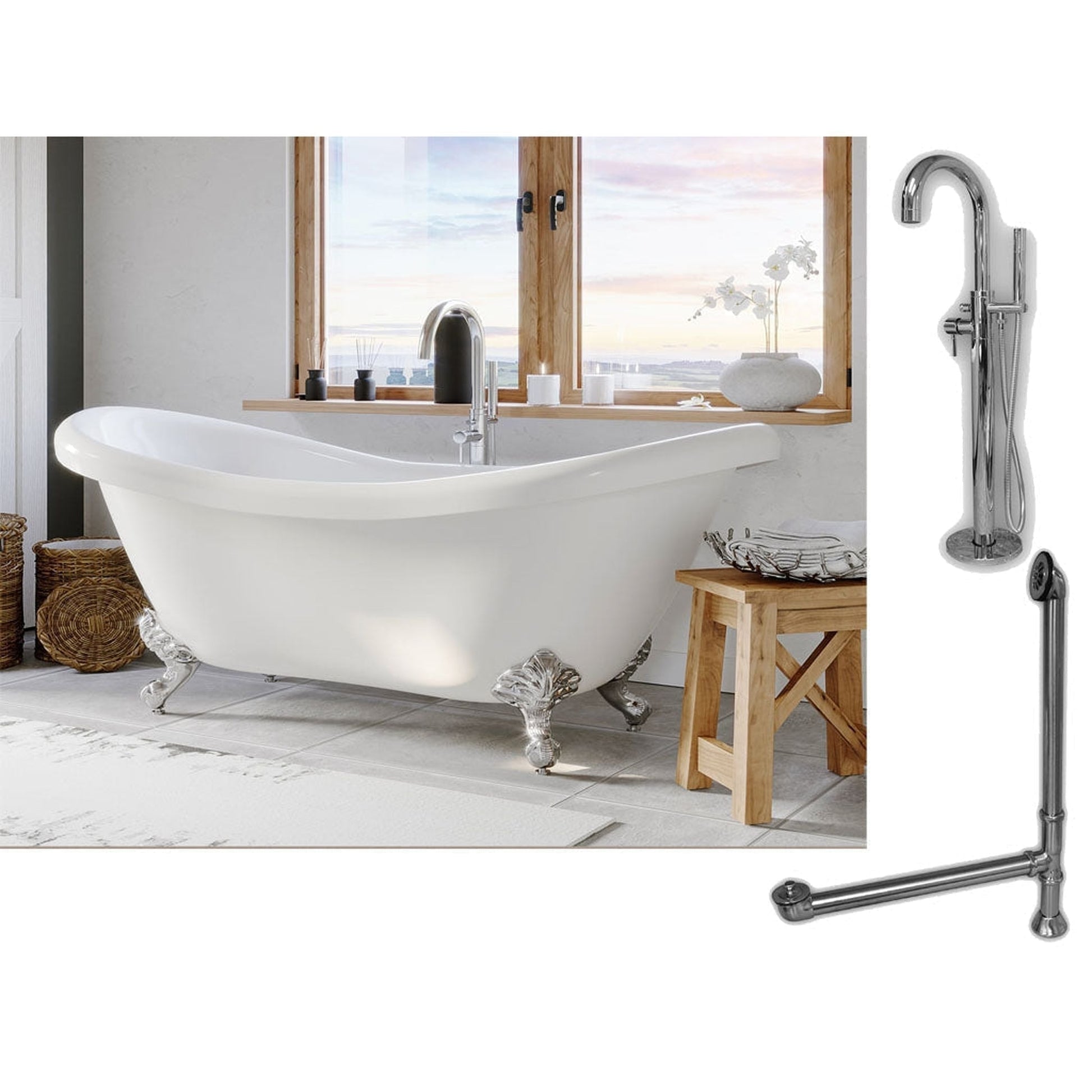 Cambridge Plumbing 69" White Double Slipper Clawfoot Acrylic Bathtub With No Deck Holes And Complete Plumbing Package Including Modern Floor Mounted Faucet, Drain And Overflow Assembly In Polished Chrome