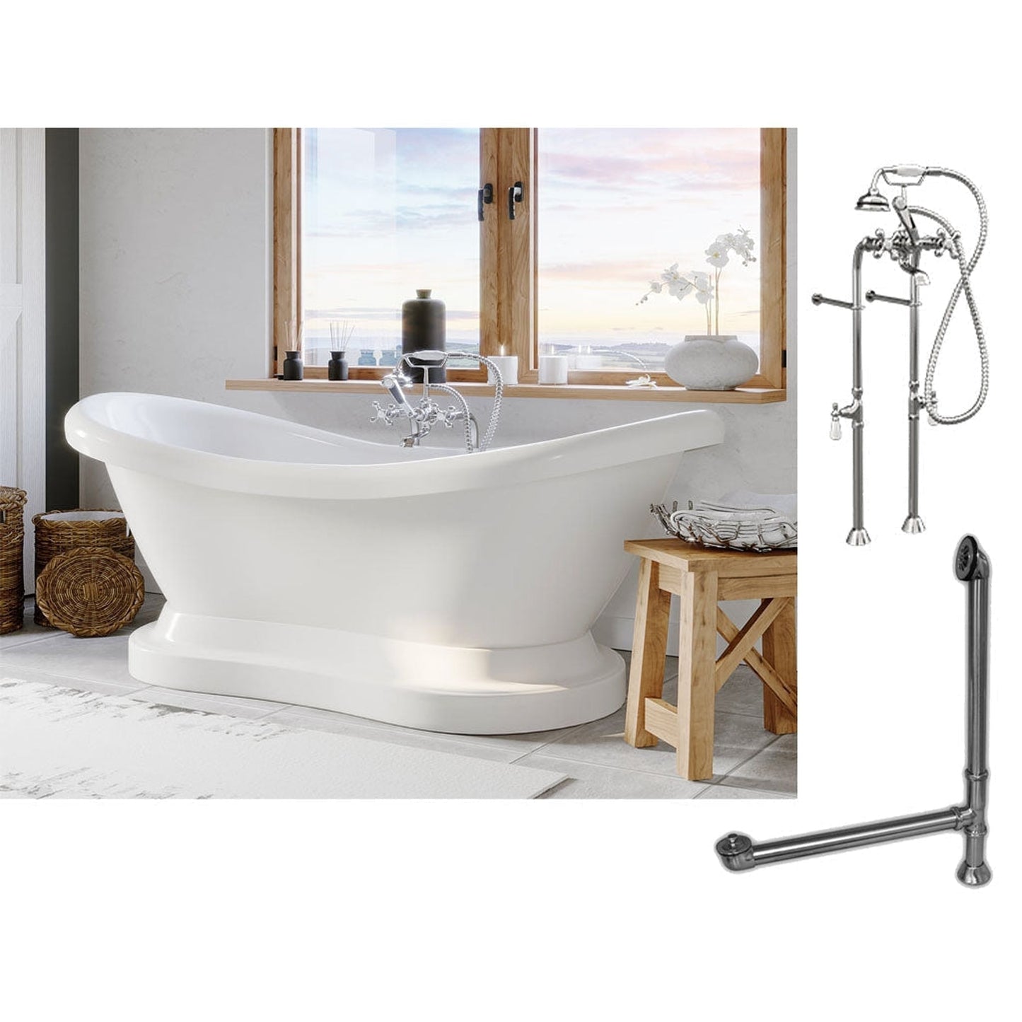 Cambridge Plumbing 69" White Double Slipper Pedestal Acrylic Bathtub With No Deck Holes And Complete Plumbing Package Including Floor Mounted British Telephone Faucet, Drain And Overflow Assembly In Brushed Nickel