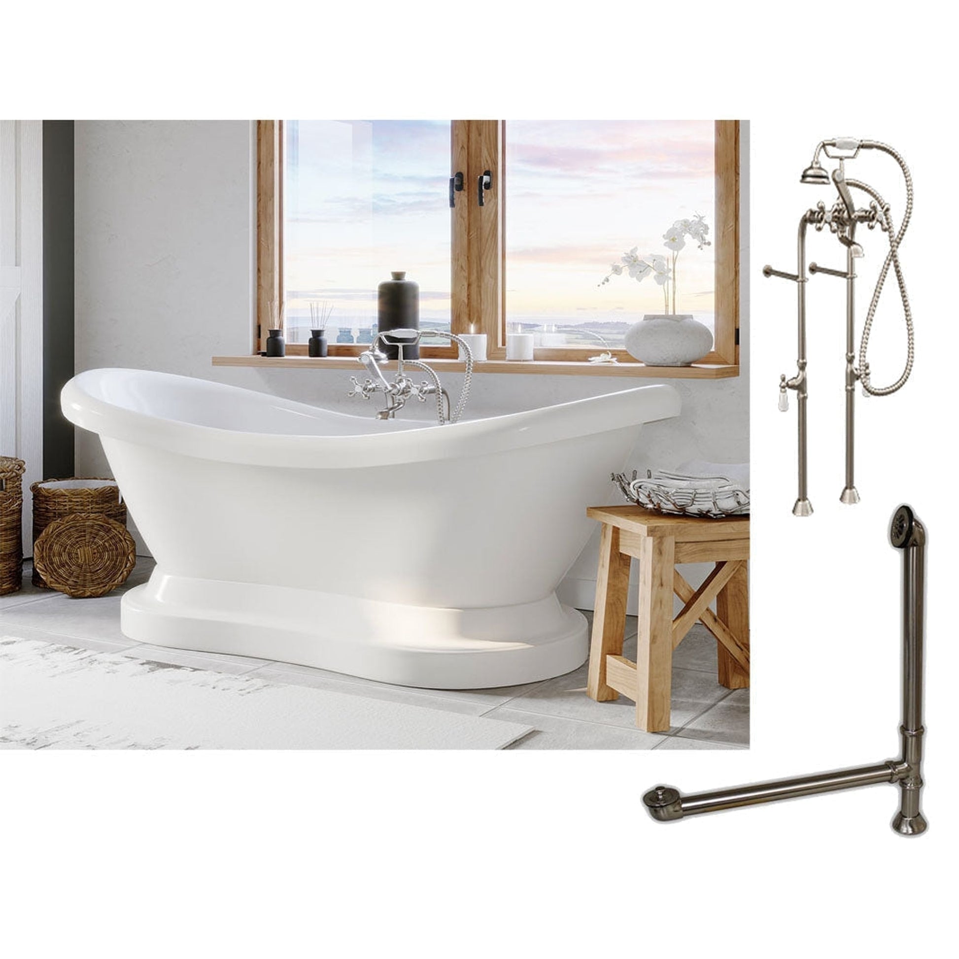 Cambridge Plumbing 69" White Double Slipper Pedestal Acrylic Bathtub With No Deck Holes And Complete Plumbing Package Including Floor Mounted British Telephone Faucet, Drain And Overflow Assembly In Brushed Nickel